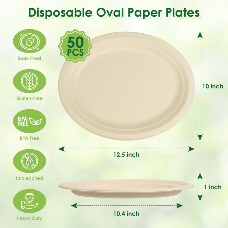 FEHHTO 100% Compostable Oval Paper Plates  12.5Inch 50Pack Disposable Heavy Duty Bagasse Platters Eco-Friendly Biodegradable Sugarcane Plates for BBQ  Party  Picnic - Natural Brown - Image 2