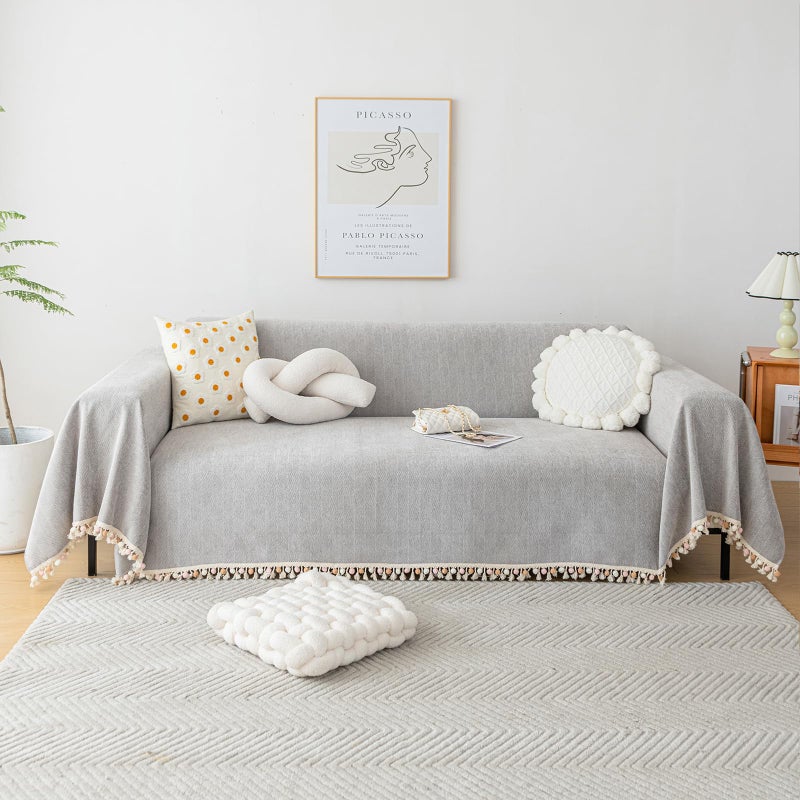 HANDONTIME Grey Sofa Cover for Couch Boho Couch Cover for 3 Seat Couches Dog Couch Cover Love Seat Couch Covers Light Grey Sectional Cover 91 X150 Tassel Chenille Herringbone Sofa Covers