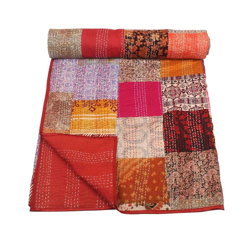 BOHEKANT Handicraft Silk Kantha Quilt Kantha Bed Cover Handmade Kantha Bedspread Kantha Blanket Throw09 Queen 90x108 inches Double Bed - Image 1