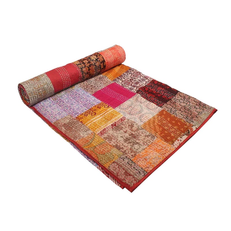 BOHEKANT Handicraft Silk Kantha Quilt Kantha Bed Cover Handmade Kantha Bedspread Kantha Blanket Throw09 Queen 90x108 inches Double Bed - Image 2