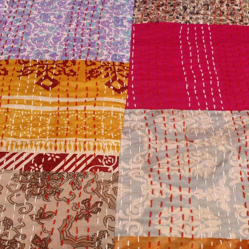 BOHEKANT Handicraft Silk Kantha Quilt Kantha Bed Cover Handmade Kantha Bedspread Kantha Blanket Throw09 Queen 90x108 inches Double Bed - Image 3