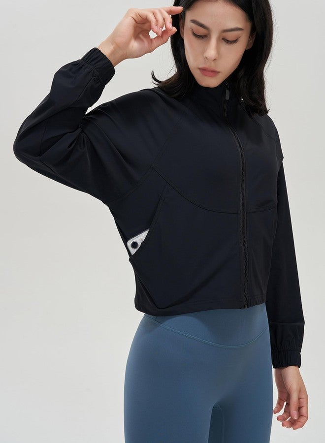 UANEO Womens Athletic Cropped Jacket Zip Up Long Sleeve Workout Tops Gym Yoga Running Sports Shirts Jackets(Black-M) - Image 4