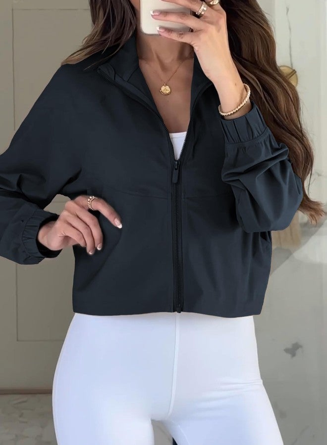 UANEO Womens Athletic Cropped Jacket Zip Up Long Sleeve Workout Tops Gym Yoga Running Sports Shirts Jackets(Black-M) - Image 2