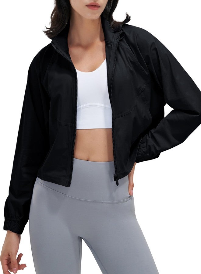 UANEO Womens Athletic Cropped Jacket Zip Up Long Sleeve Workout Tops Gym Yoga Running Sports Shirts Jackets(Black-M) - Image 1