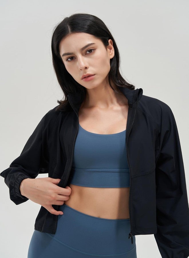 UANEO Womens Athletic Cropped Jacket Zip Up Long Sleeve Workout Tops Gym Yoga Running Sports Shirts Jackets(Black-M) - Image 3