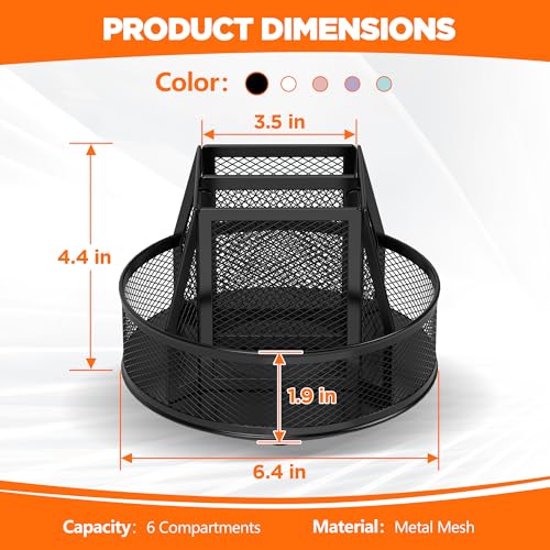 Docnest 360 Rotating Pen HolderHeavyDuty Metal Mesh Desk Organizer with 6 Compartments for PencilsScissors Markers Space Saving Office Supply for Teachers Students Home DeskBlack - Image 3