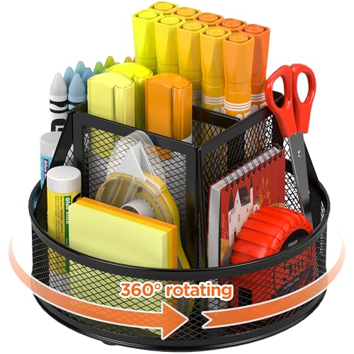 Docnest 360 Rotating Pen HolderHeavyDuty Metal Mesh Desk Organizer with 6 Compartments for PencilsScissors Markers Space Saving Office Supply for Teachers Students Home DeskBlack - Image 1