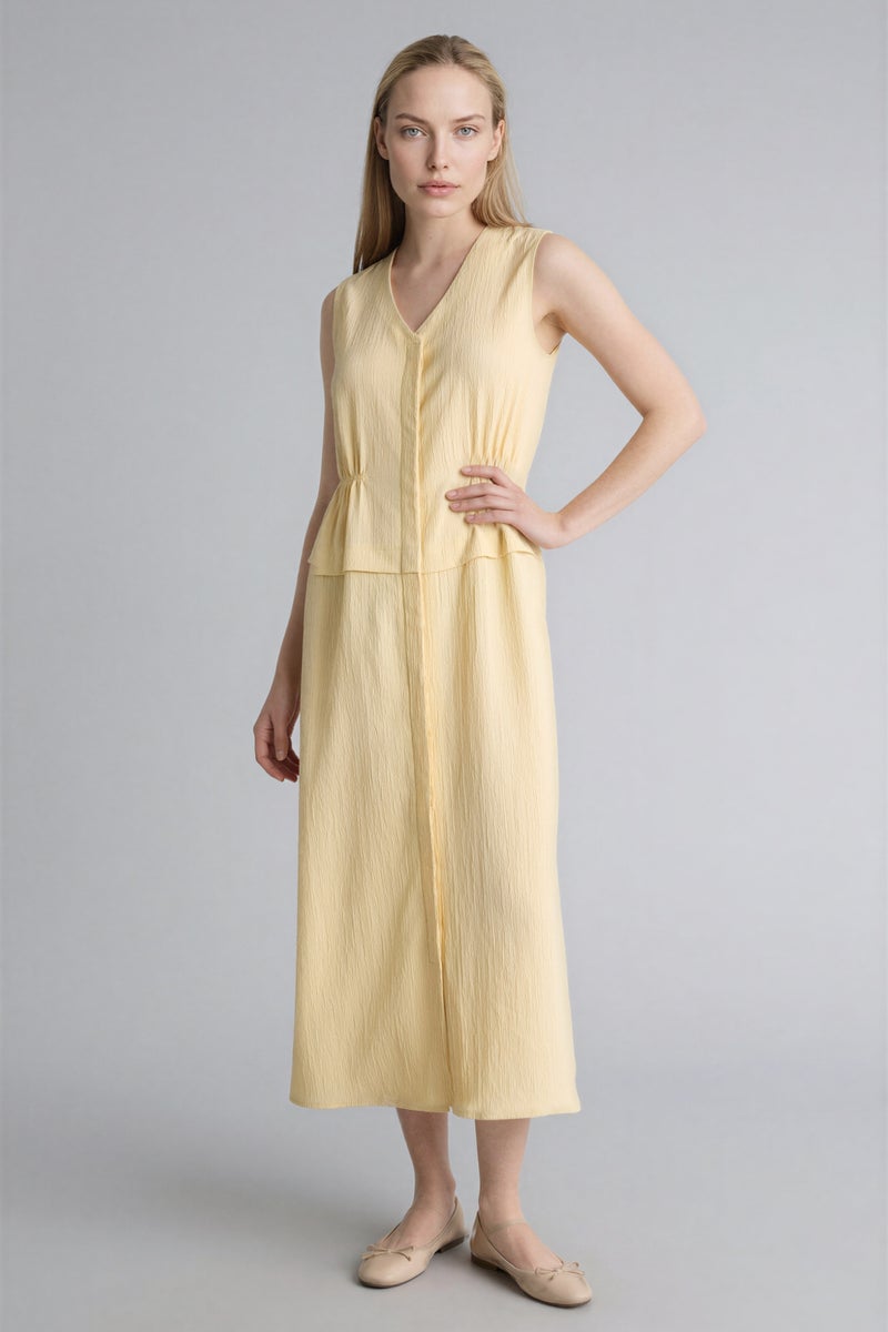 DeFacto Yellow Woman V-Neck Waffle Textured Sleeveless Dress Casual - Image 1
