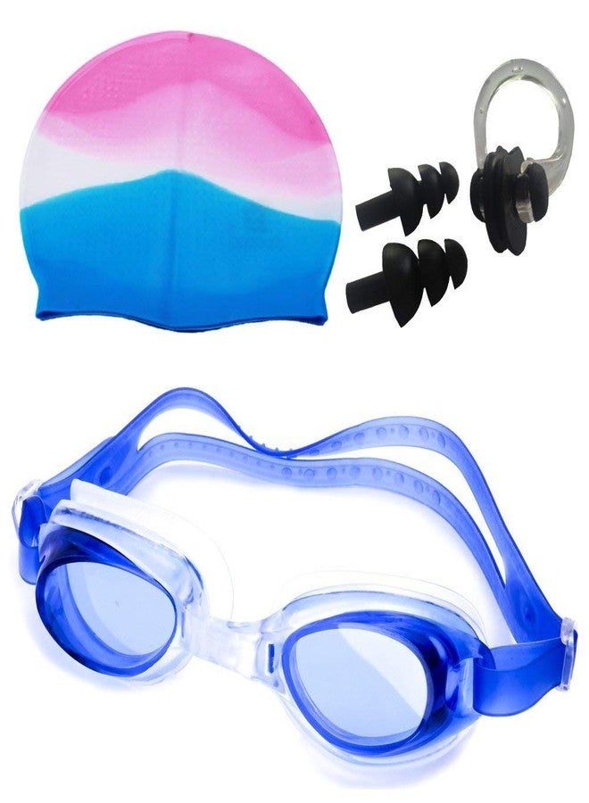 ENCANTO Swimming Kit, Swim Goggles, Swim Caps Multicolor Combo Set With Ear Plug & Nose Clip in Box, Silicone Non-Slip Material Glasses & Cap, UV Protection, Body Safety Summer Holiday Swimming Pool