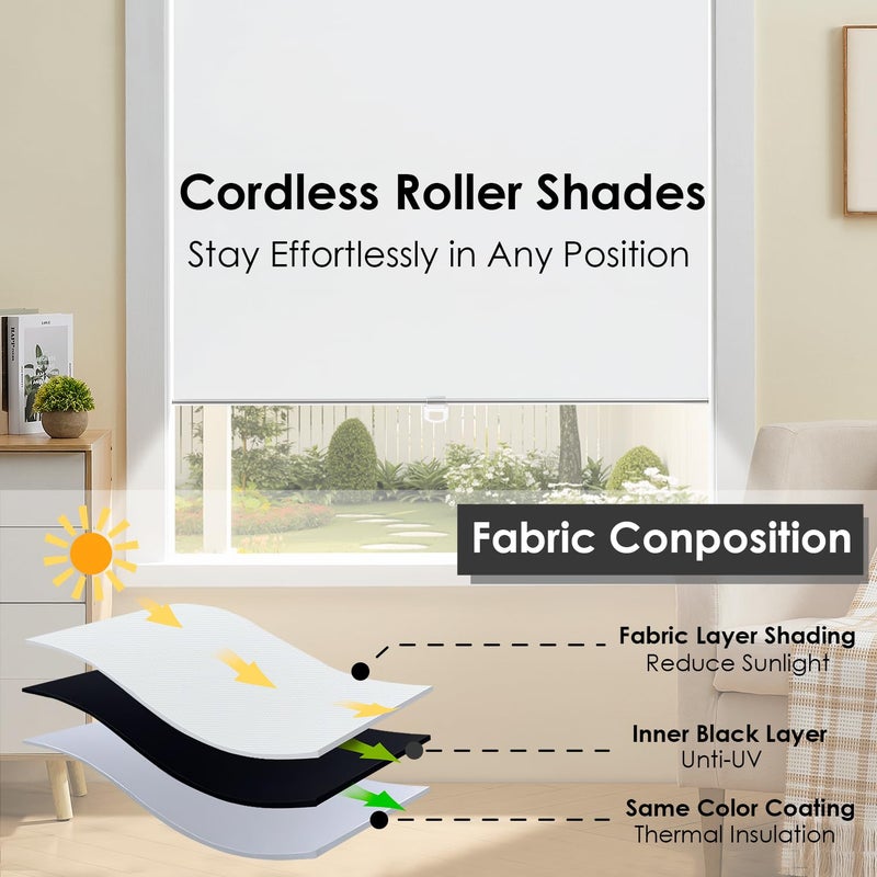 TOVALOR Cordless 100% Blackout Roller Shades for Windows,UV Protection Pull Down Shades,Room Darkening Door Blinds Thermal Insulated Fabric for Home Office and Bedroom(14" W x 72" H,White) - Image 2
