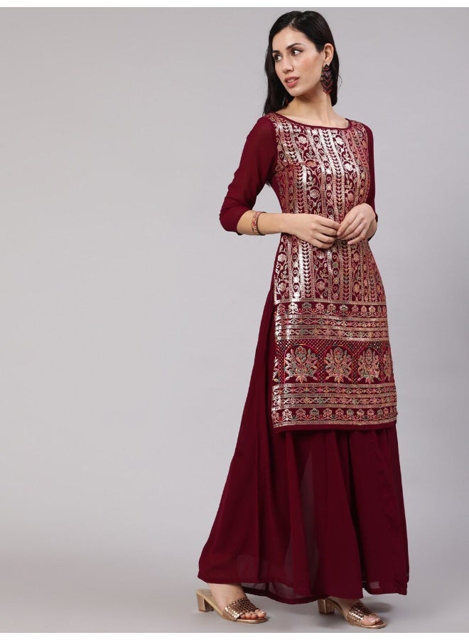 AKS Floral Embroidered Sequinned Kurta With Palazzos - Image 5