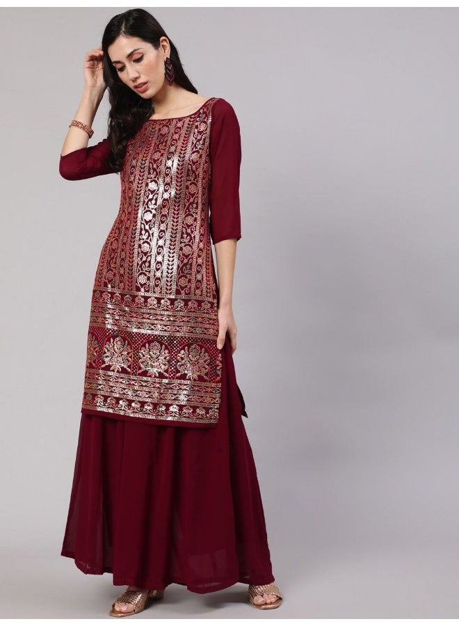 AKS Floral Embroidered Sequinned Kurta With Palazzos - Image 1
