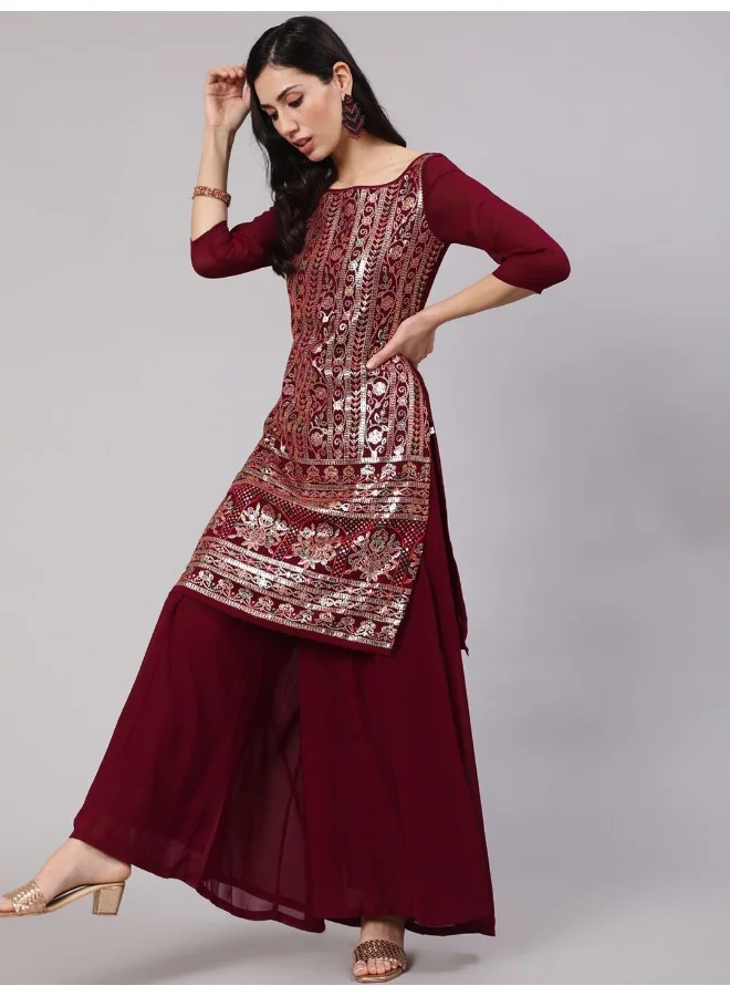 AKS AKS Floral Embroidered Sequinned Kurta With Palazzos