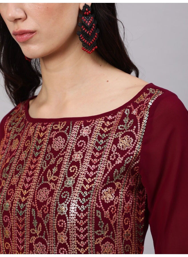 AKS Floral Embroidered Sequinned Kurta With Palazzos - Image 2