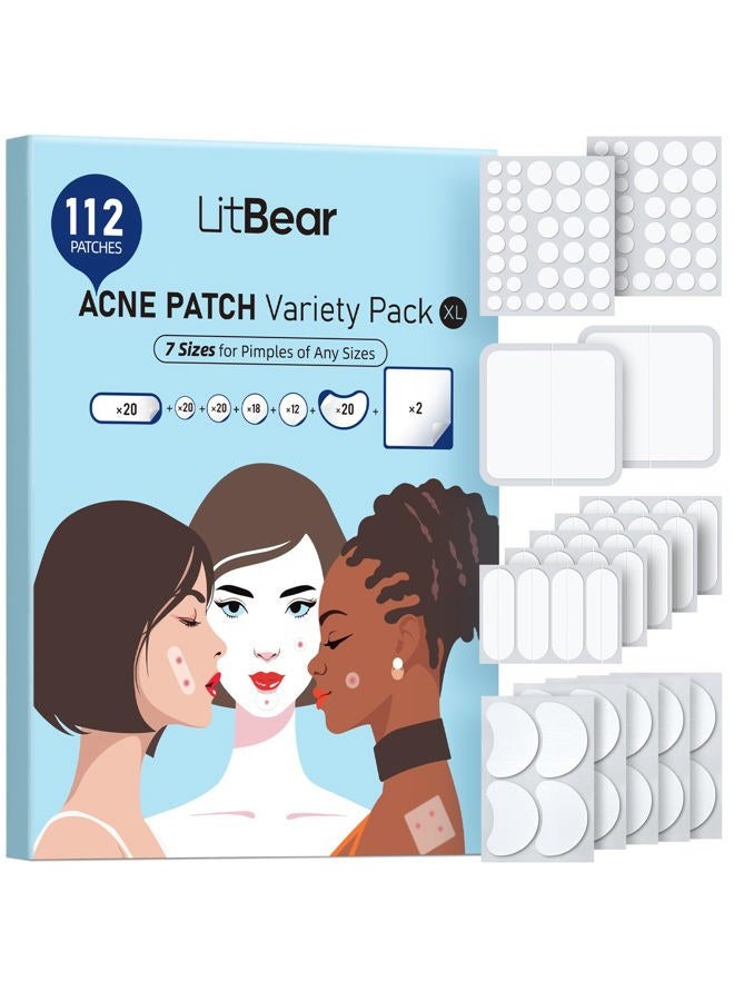 LitBear Large Pimple Patches (7 Sizes 112 Counts), Big Acne Patches, XL Hydrocolloid Bandages for Full Face, Forehead, Chin, Nose, Body, Back, Neck & Chest, Oval, Moon, Square hydrocolloid Patch  - Image 1