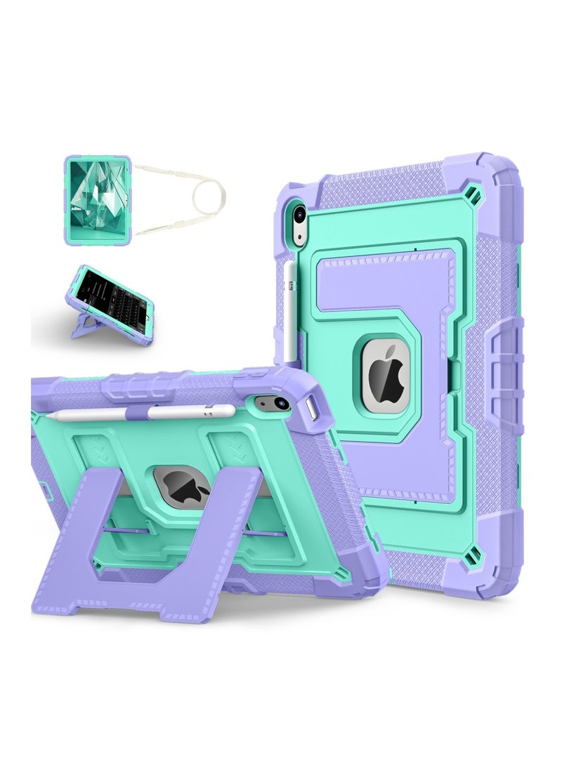 Case for iPad 10th Generation 10.9 inch 2022, Heavy Duty Hybrid Shockproof 360°bring Kickstand Anti Scratch Durable  Case with Pencil Holder Shoulder Strap Case (purple mint green) - Image 5