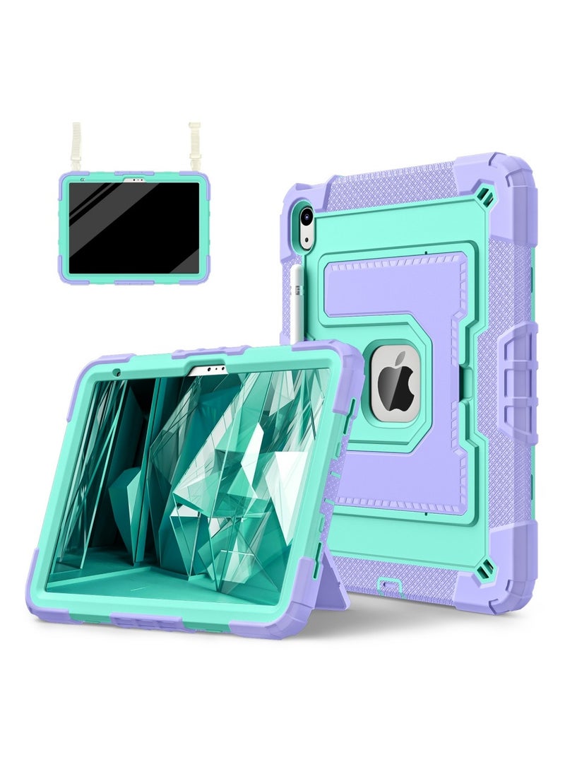 Case for iPad 10th Generation 10.9 inch 2022, Heavy Duty Hybrid Shockproof 360°bring Kickstand Anti Scratch Durable  Case with Pencil Holder Shoulder Strap Case (purple mint green) - Image 4