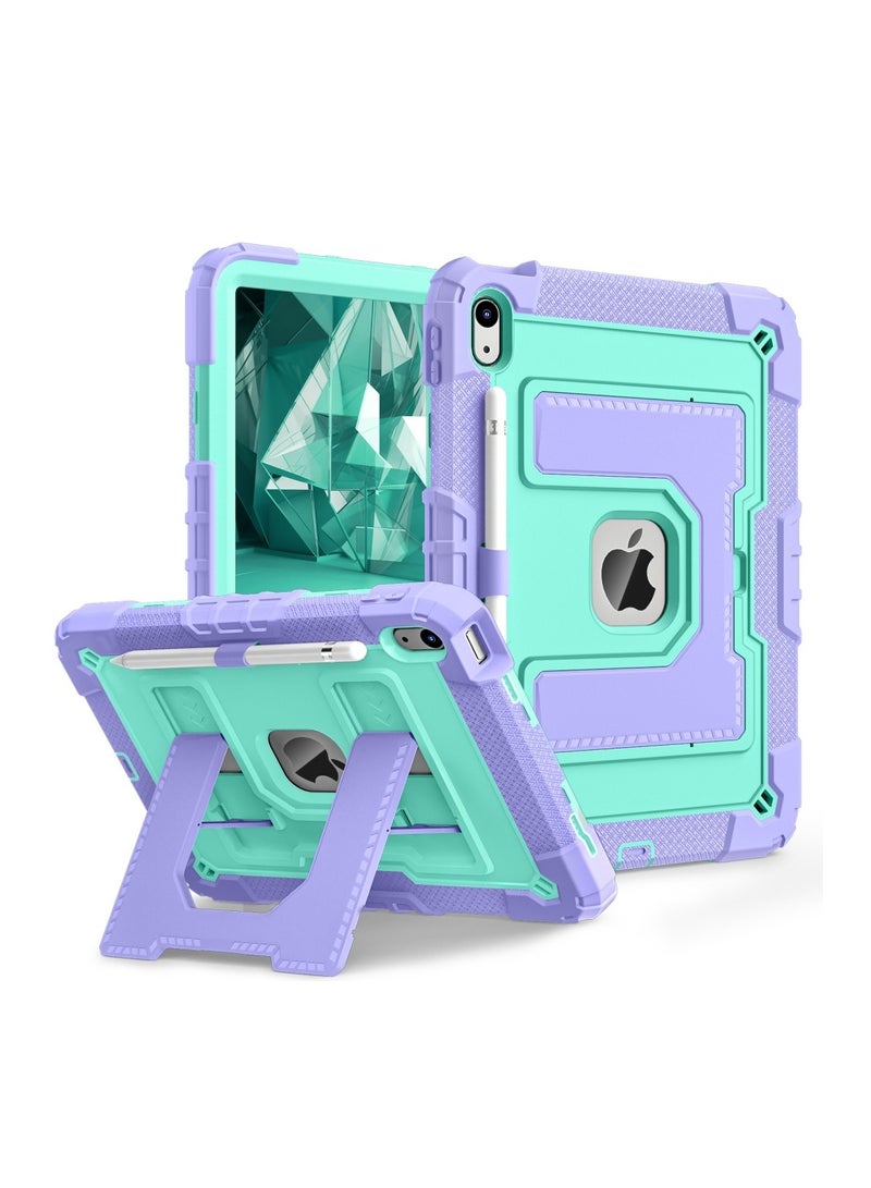 Case for iPad 10th Generation 10.9 inch 2022, Heavy Duty Hybrid Shockproof 360°bring Kickstand Anti Scratch Durable  Case with Pencil Holder Shoulder Strap Case (purple mint green) - Image 3
