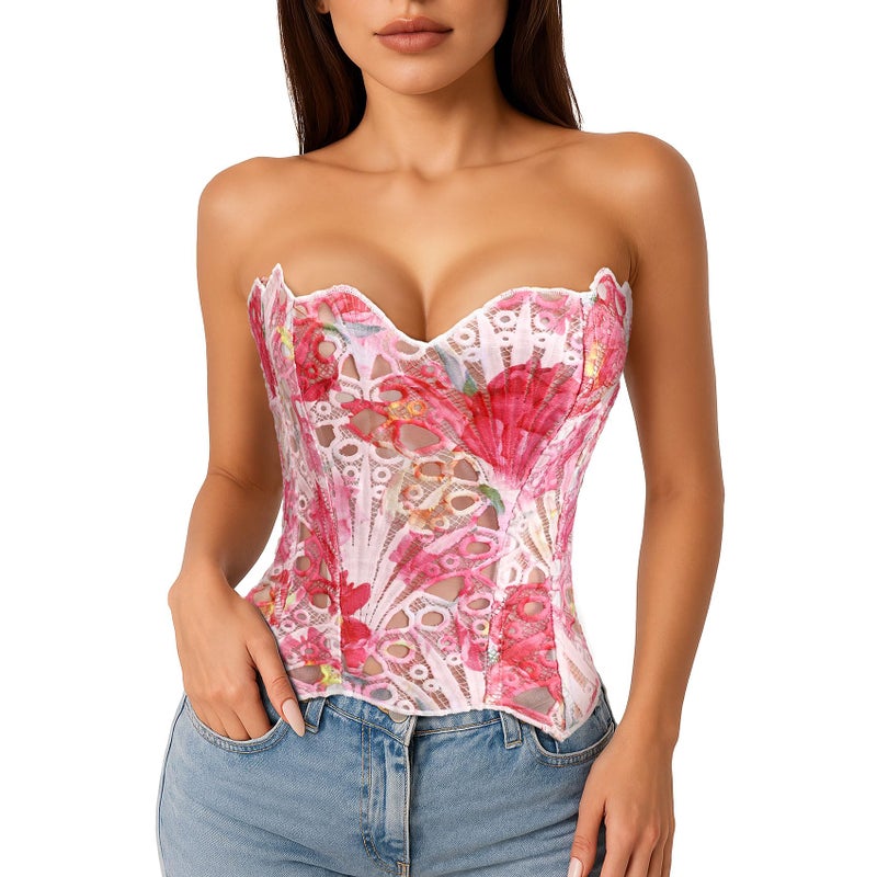 LEACOOLKEY Lacework Corset Top for Women Sexy Textured Sheer Floral Lace Bustier Going Out Lace-up Corset Overbust Top - Image 1
