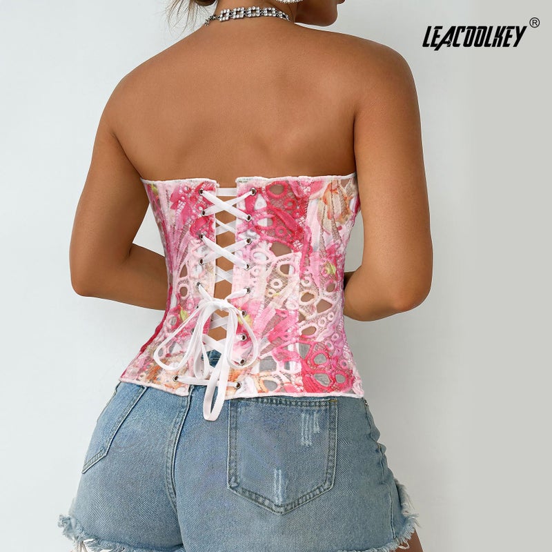 LEACOOLKEY Lacework Corset Top for Women Sexy Textured Sheer Floral Lace Bustier Going Out Lace-up Corset Overbust Top - Image 5