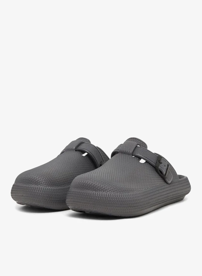 Styli Textured Buckle Embellished Slip On Sandals