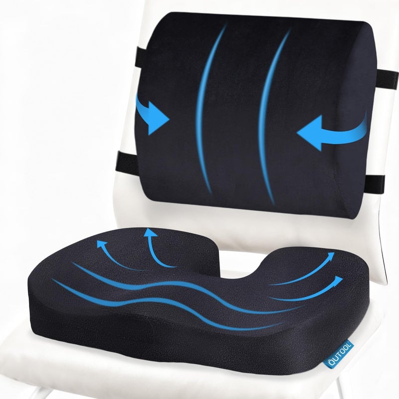 QUTOOL Orthopedic Seat Cushion and Lumbar Support Pillow for Office Chair & Car, Memory Foam with Washable Cover Ergonomic Desk Chair Cushion for Tailbone, Lower Back Pain, Sciatica Relief - Image 1