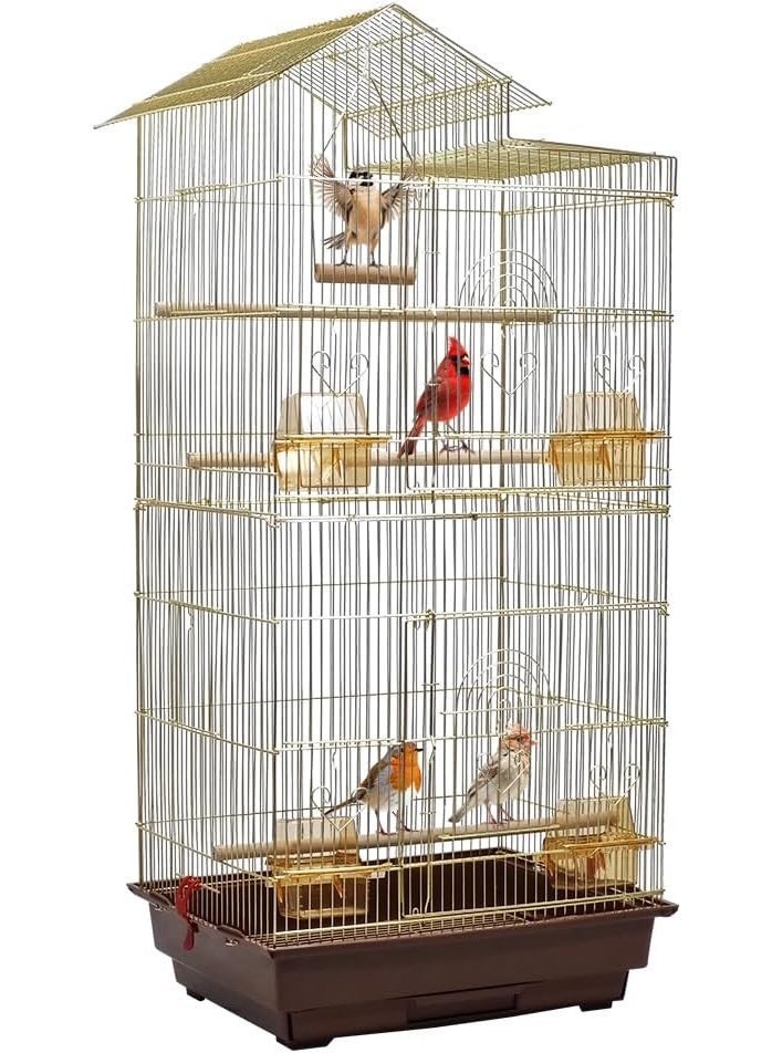 أن ان سي بيتس قفص طيور للطيور الصغيرة والمتوسطة | بيت طيور خفيف الوزن من الحديد المطاوع باللون الذهبي بطول ١٠٦ سم مع صينية قابلة للإزالة، ومجثمات، وأوعية طعام | قفص داخلي للطيور البادجي، وطيور الحب، وطيور الكوكتيل - Image 3