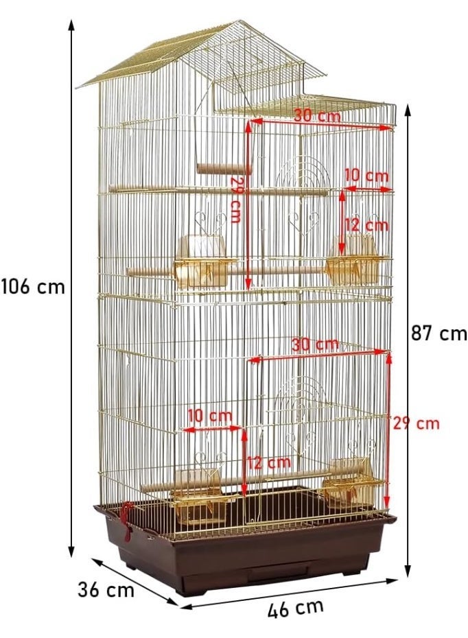 أن ان سي بيتس قفص طيور للطيور الصغيرة والمتوسطة | بيت طيور خفيف الوزن من الحديد المطاوع باللون الذهبي بطول ١٠٦ سم مع صينية قابلة للإزالة، ومجثمات، وأوعية طعام | قفص داخلي للطيور البادجي، وطيور الحب، وطيور الكوكتيل - Image 2