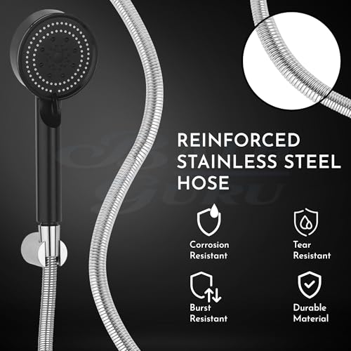 BATH GURU BGBHS001 ABS 9 Inch High Pressure Multi Function 5 Mode Spray Handheld Shower for Bathroom Black Round (With 1 Mtr Chrome Plated Shower Tube Hose Pipe) - Image 5