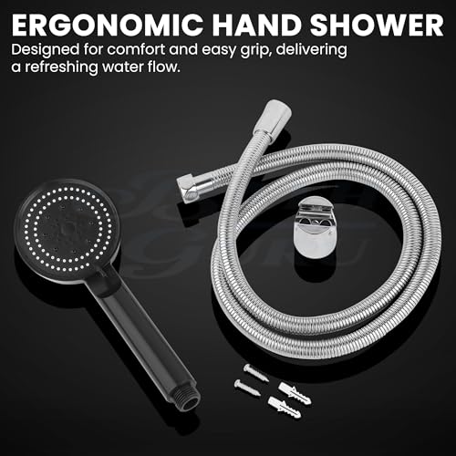 BATH GURU BGBHS001 ABS 9 Inch High Pressure Multi Function 5 Mode Spray Handheld Shower for Bathroom Black Round (With 1 Mtr Chrome Plated Shower Tube Hose Pipe) - Image 4