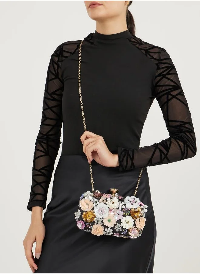 ستايلي Floral Bead Embellished Clutch with Chain Strap