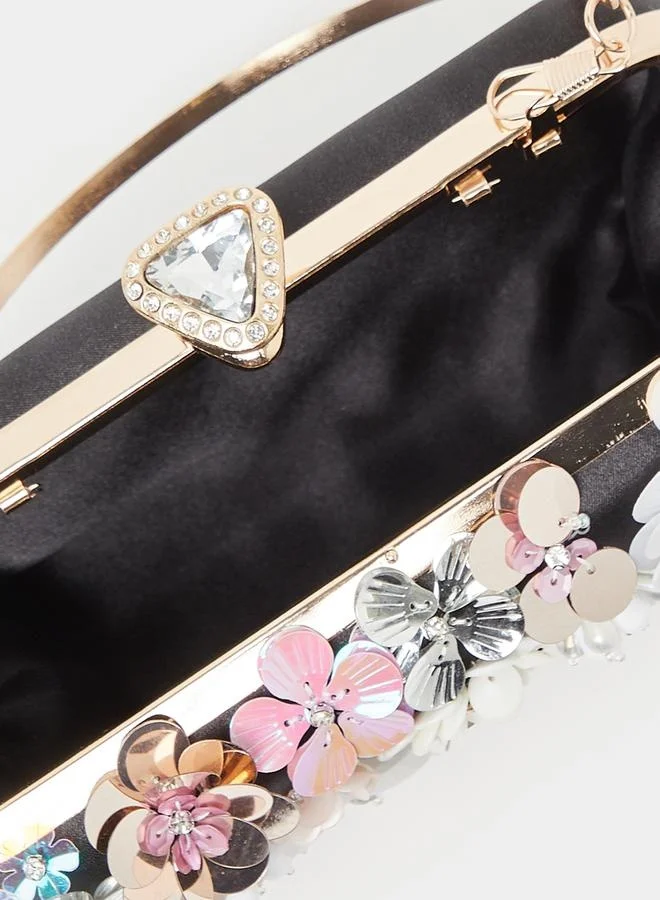 Styli Floral Bead Embellished Clutch with Chain Strap