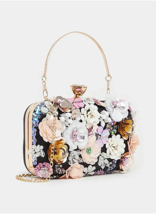 ستايلي Floral Bead Embellished Clutch with Chain Strap