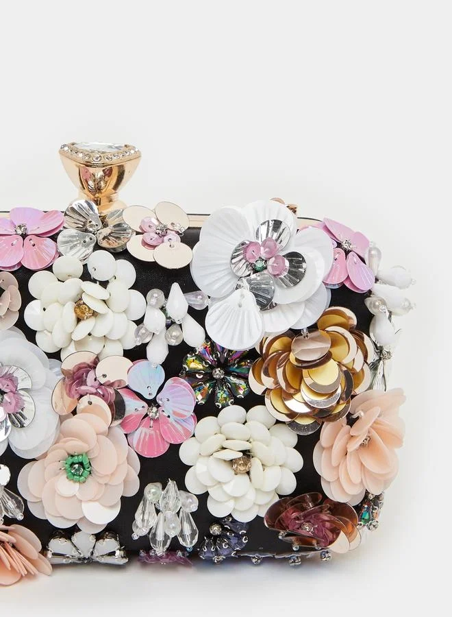 Styli Floral Bead Embellished Clutch with Chain Strap