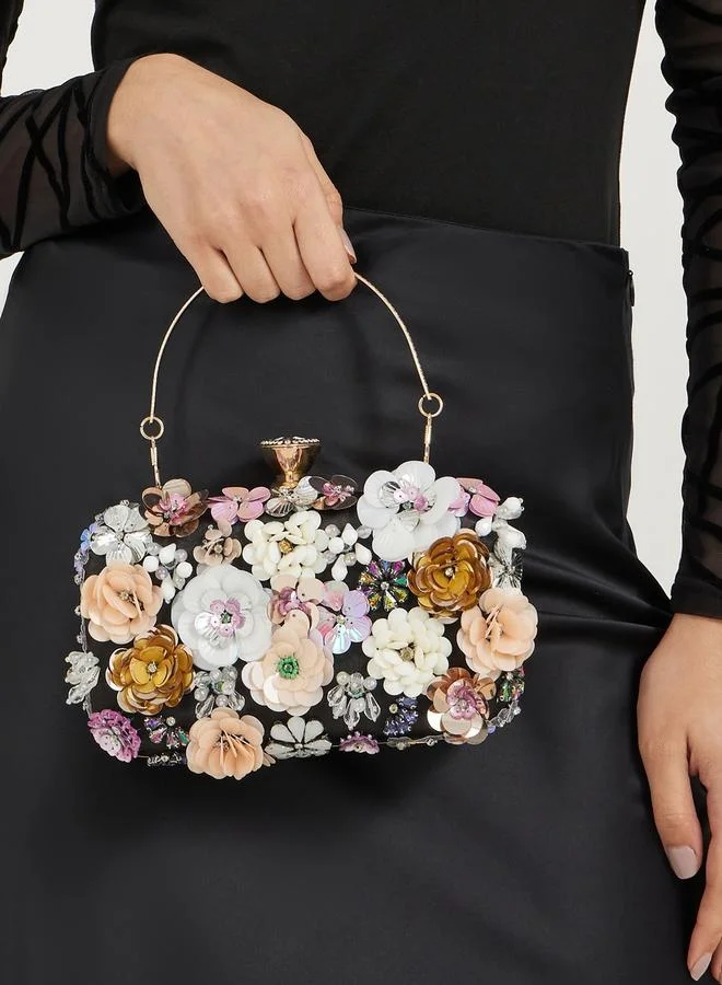 Styli Floral Bead Embellished Clutch with Chain Strap