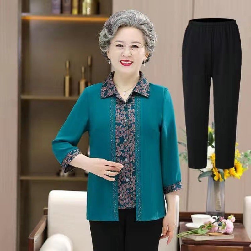 Middle-aged and elderly womens clothing fashionable new fake two-piece shirt shirt mom wear plus size shirt grandma wear temperament top Blue [Top + pants]]
