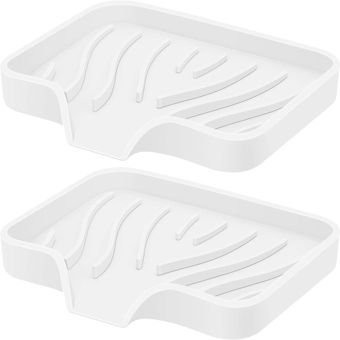 SILICONE SOAP DISH WITH DRAIN KITCHEN SOAP TRAY FOR SHOWER 2 PACK SELF DRAINING SOAP DISH SOFT BATHROOM SOAP HOLDER FOR KITCHEN SINK FLEXIBLE PORTABLE SOAP SAVER WHITE