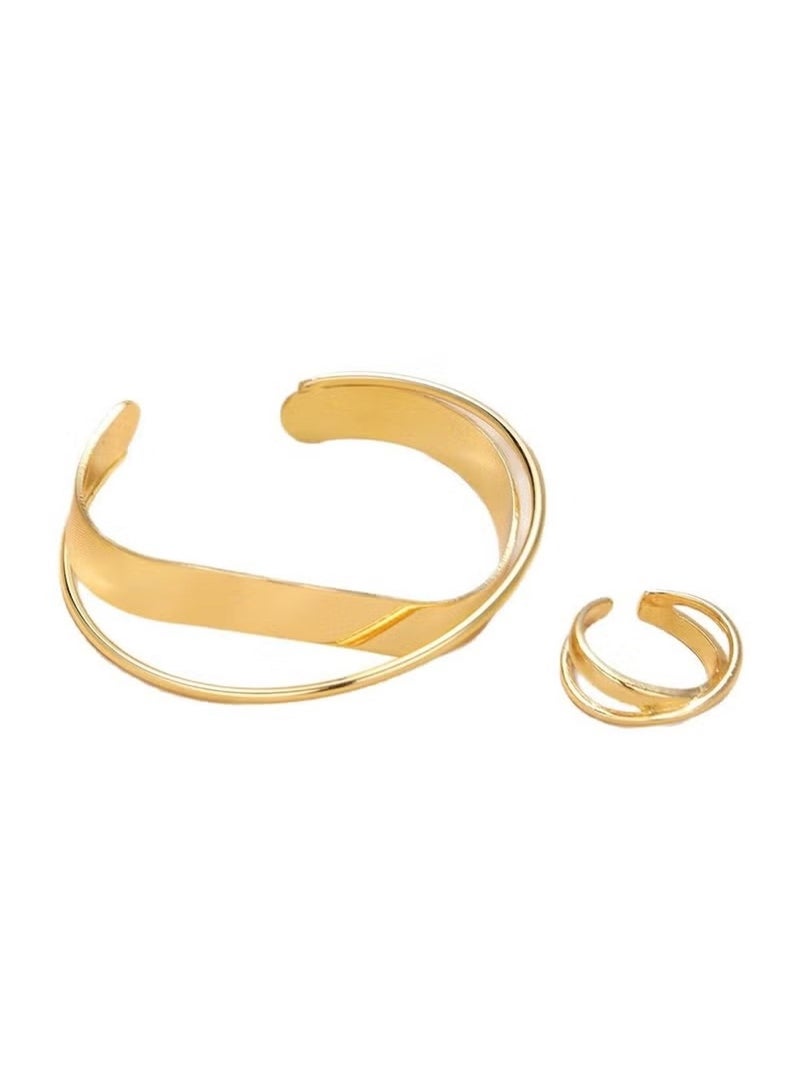 Huitich Gold Colour Alloy Bracelet & Ring Set – Open Cuff Bangle with Adjustable Ring (Size 7) - Image 1