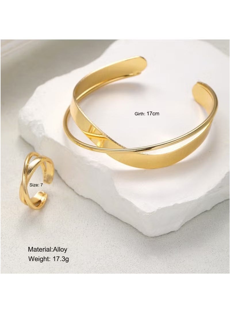 Huitich Gold Colour Alloy Bracelet & Ring Set – Open Cuff Bangle with Adjustable Ring (Size 7) - Image 3