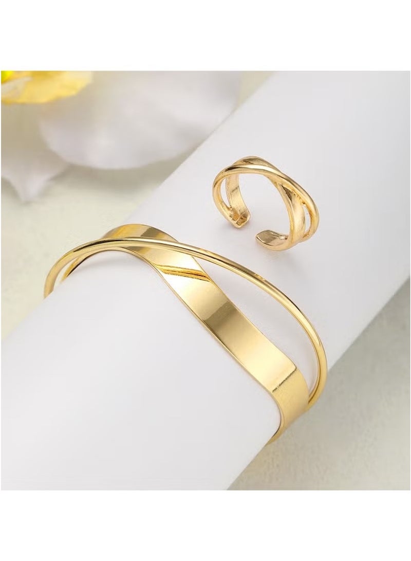 Huitich Gold Colour Alloy Bracelet & Ring Set – Open Cuff Bangle with Adjustable Ring (Size 7) - Image 2
