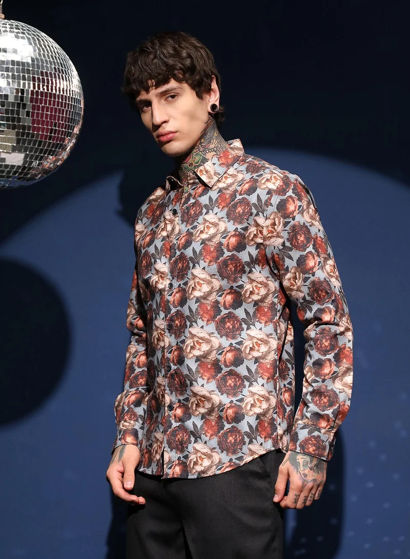Campus Sutra Campus Sutra Men's Cloud Grey & Russet Brown All-Over-Roses Shirt For Casual Wear | Spread Collar | Long Cuffed Sleeves | Button Closure | Shirt Crafted With Comfort Fit For Everyday Wear