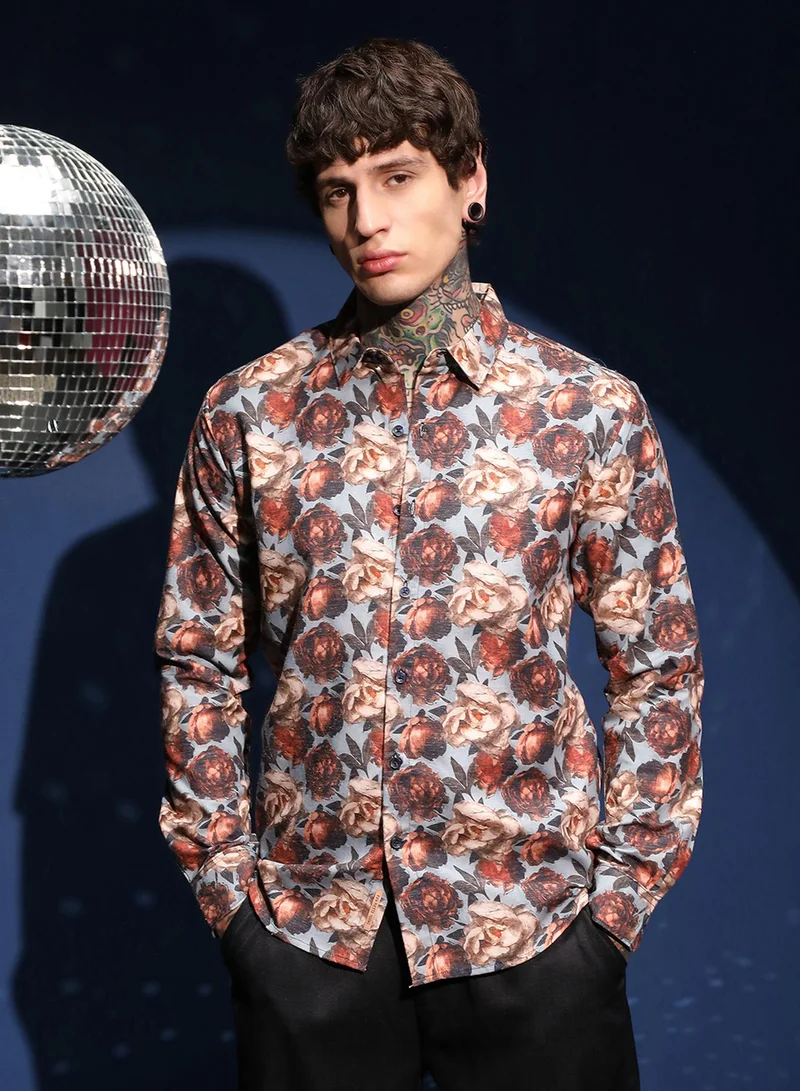 Campus Sutra Campus Sutra Men's Cloud Grey & Russet Brown All-Over-Roses Shirt For Casual Wear | Spread Collar | Long Cuffed Sleeves | Button Closure | Shirt Crafted With Comfort Fit For Everyday Wear