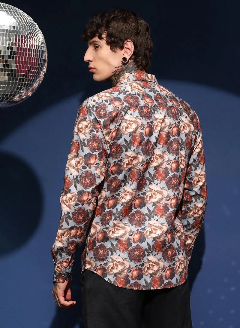 Campus Sutra Campus Sutra Men's Cloud Grey & Russet Brown All-Over-Roses Shirt For Casual Wear | Spread Collar | Long Cuffed Sleeves | Button Closure | Shirt Crafted With Comfort Fit For Everyday Wear