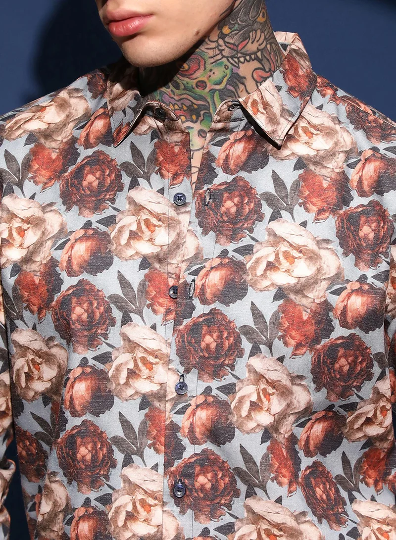 Campus Sutra Campus Sutra Men's Cloud Grey & Russet Brown All-Over-Roses Shirt For Casual Wear | Spread Collar | Long Cuffed Sleeves | Button Closure | Shirt Crafted With Comfort Fit For Everyday Wear