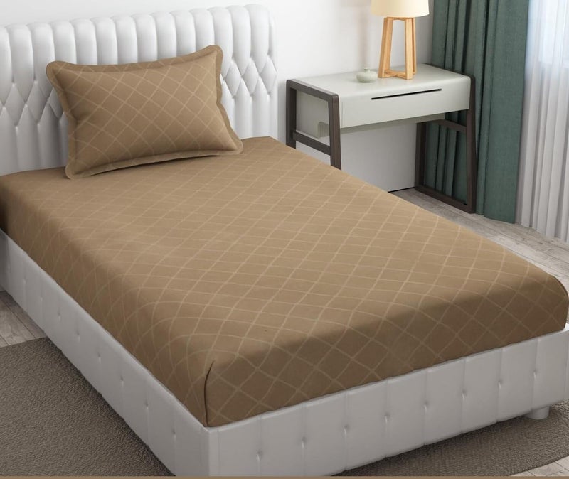 Filymore 300 TC Microfiber Solid Embossed Check Single Bed Bedsheet with 1 Pillow Cover (90x60 Inches) – Soft, Durable Beige Single Color Bedcover for Home & Hotel Use - Image 1