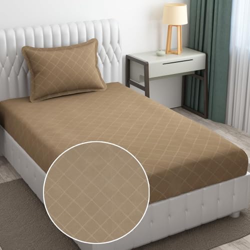 Filymore 300 TC Microfiber Solid Embossed Check Single Bed Bedsheet with 1 Pillow Cover (90x60 Inches) – Soft, Durable Beige Single Color Bedcover for Home & Hotel Use - Image 3