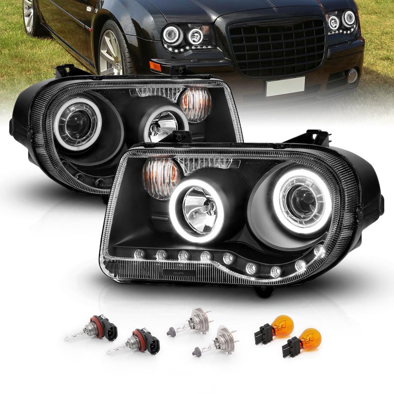 AmeriLite for 20052010 Chrysler 300C Black Replacement Headlight Assembly Halogen Projector Extreme Dual LED Halo wBulb Pair Passenger Driver Side