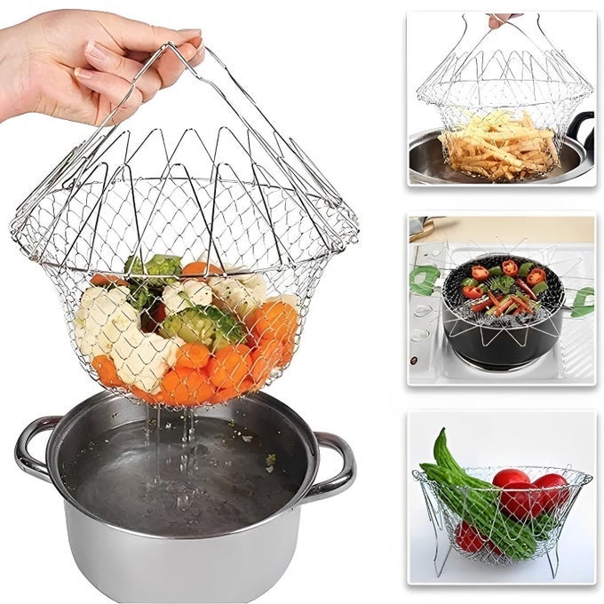 FOLDABLE STEAM RINSE DEEP FRY BASKET STAINLESS STEEL FRENCH FRY BASKET STRAINER MULTIFUNCTIONAL KITCHEN COOKING TOOL FRY BASKET STAINLESS STEEL MESH BASKET STRAINERVEGGIES WASHING TOOL