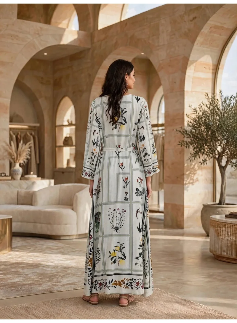 Ikkxa IKKXA Elegant Floral Printed Jalabiya with Tassel Belt