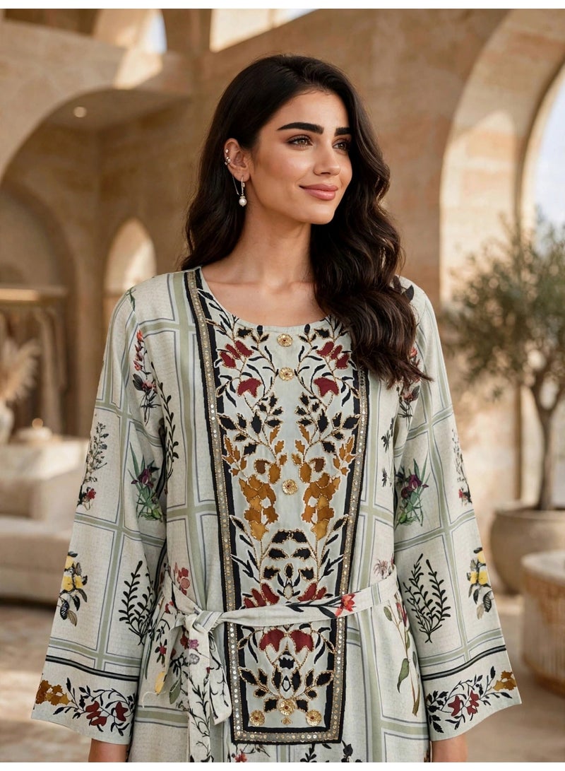 IKKXA Elegant Floral Printed Jalabiya with Tassel Belt - Image 5
